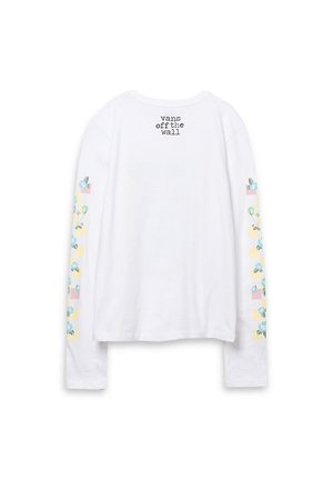 Valkoinen pitkähihainen paita, jossa yläselässä teksti "vans off the wall" ja molemmissa hihoissa sinisiä kukkakuvioita sekä pastellivärisiä ruutuja.