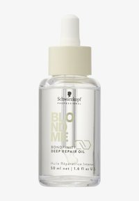 Bouteille en verre clair avec un bouchon pipette blanc. L'étiquette affiche un texte vert clair indiquant "BLONDME BONDINFINITY DEEP REPAIR OIL". Capacité : 50 ml.