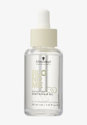 Heldere glazen fles met een witte pipetdeksel. Etiket toont lichtgroene tekst voor "BLONDME BONDINFINITY DEEP REPAIR OIL." Inhoud: 50 ml.