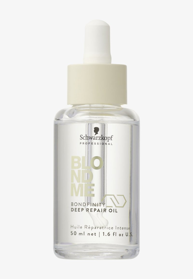 Heldere glazen fles met een witte pipetdeksel. Etiket toont lichtgroene tekst voor "BLONDME BONDINFINITY DEEP REPAIR OIL." Inhoud: 50 ml.