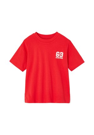 Red short-sleeve crew neck t-shirt with "63 STATEN ISLAND" printed in white and red on the upper left chest.
