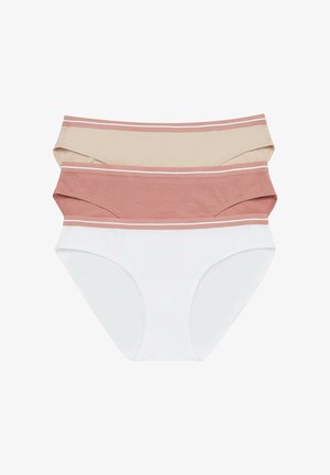Three pairs of panties in beige, dusty rose, and white. Each features a soft, stretchy fabric with contrasting horizontal stripes at the waistband.