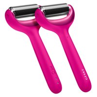 Två rosa ansiktsrollar med ett slätt plasthandtag och texturerade silverrullar, som har en knapp och varumärke på sidan.