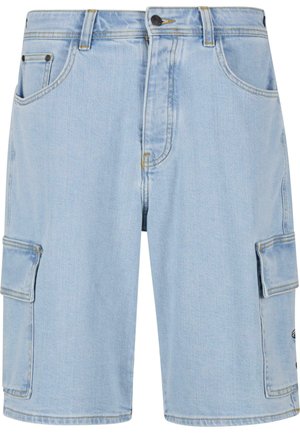 Helle blaue Denim-Cargo-Shorts mit einer lässigen Passform, ausgestattet mit zwei seitlichen Taschen, zwei Cargo-Taschen und metallischen Hardware-Details.