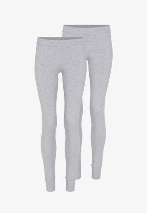 Grå leggings lavet af blødt, strækbart stof. Har en glat talje og tætsiddende ben med ankelmanchetter. Ingen mønstre eller accenter.