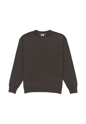 Dunkelgrauer Pullover mit langen Ärmeln, gerippten Bündchen und Saum. Enthält einen Rundhalsausschnitt und ein dezentes geprägtes Logo auf der Vorderseite.