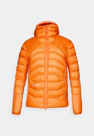 Orange puffy jacket with a fitted hood, horizontal baffles, and a zip front. Features a grid pattern and white "MAMMUT" logo on the chest.