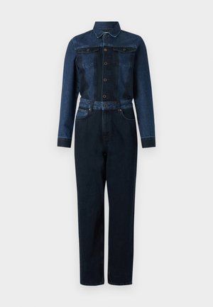 Denim jumpsuit featuring a dark blue colorway, long sleeves, button-up front, collar, and belted waist with two chest pockets.