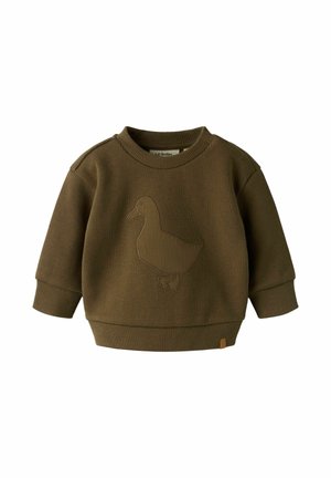Børns langærmede olivengrøn tekstureret sweater med ribkanter på ærmer og kant, med applikation af en and på fronten.