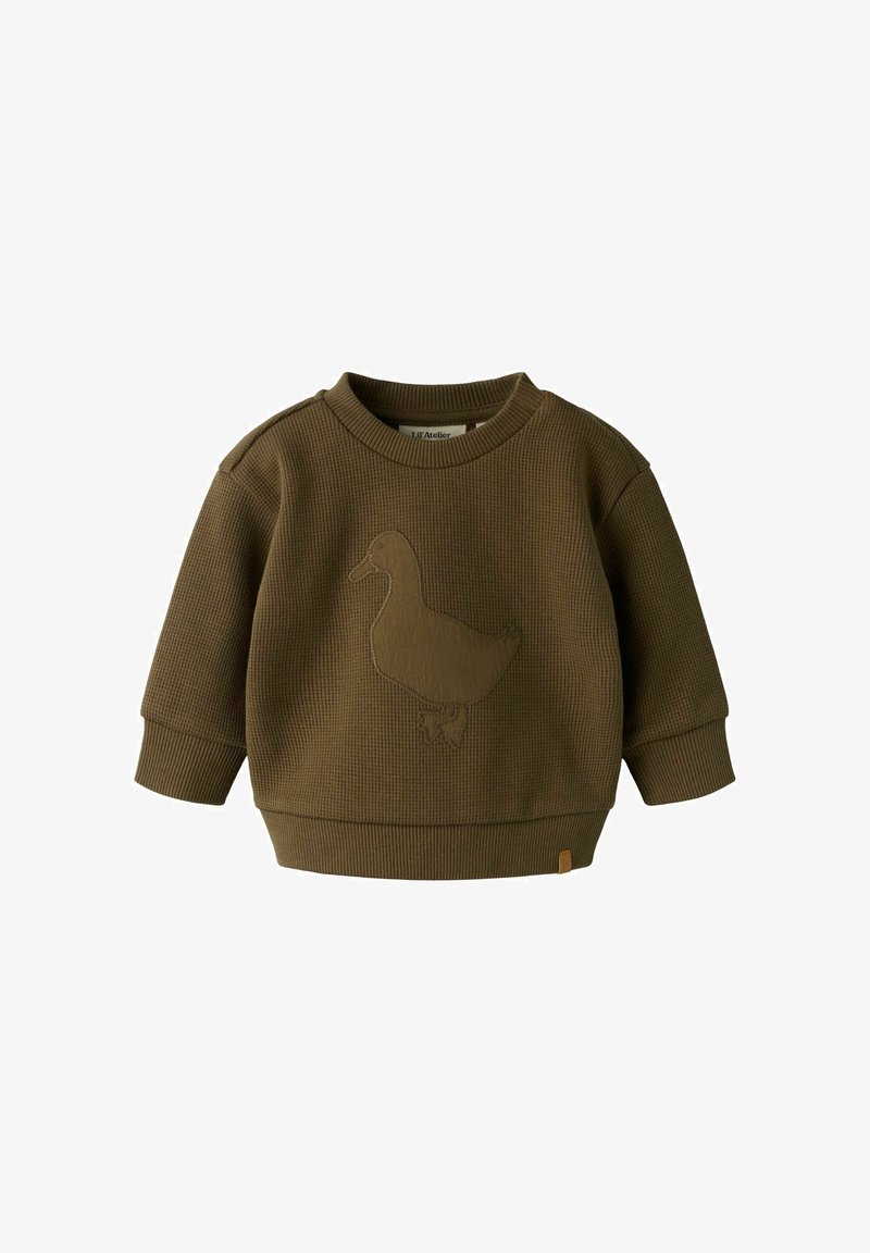 Pull enfant à manches longues vert olive texturé avec poignets et ourlet côtelés, avec une application d’un canard à l’avant.