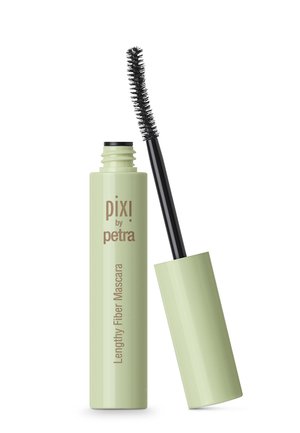 Mascara Pixi Lengthy Fiber dans un tube vert clair, de forme cylindrique, avec une brosse noire à poils.