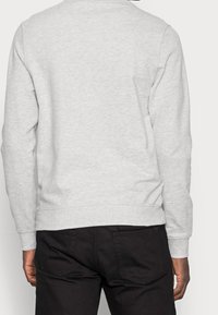 Felpa grigia con scollo rotondo e maniche lunghe. Realizzata in tessuto morbido, presenta orlo e polsini a costine. Indossata con pantaloni neri.