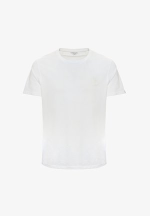 T-shirt bianca in cotone con collo rotondo, maniche corte e un logo discreto ricamato in tonalità chiare sul petto. Texture liscia, vestibilità classica.