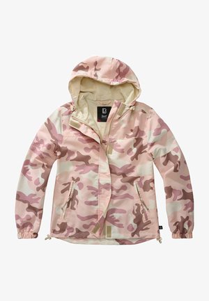Lahka roza kamuflažna jakna s kapuco, ki ima mrežasto podlogo, žepke z zadrgo in elastične manšete za varno prileganje.