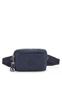Navy nylon crossbody bag with a front zip pocket, adjustable strap, rubber logo accent, and a small rubber monkey charm attached.