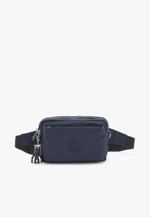 Marineblå nylon crossbody taske med en frontlomme med lynlås, justerbar rem, gummi logo accent og en lille gummimonkey charme vedhæftet.
