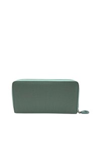 Portafoglio con cerniera di un verde menta chiaro, con superficie texturizzata, forma rettangolare e un accentuato pomello rotondo.