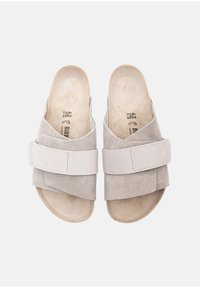 Light grey suede slide sandals with a broad strap, minimalist design, and soft interior lining. Contoured footbed for comfort.