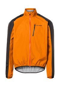 Giacca leggera da pioggia arancione con dettagli neri, colletto alto, zip frontale completa e dettagli riflettenti sulla tasca. Orlo e polsini elasticizzati.
