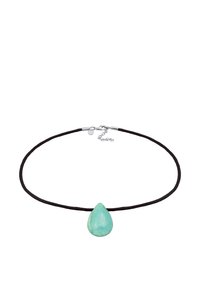 Choker halskæde med en sort snor, der har en teal dråbevedhæng lavet af sten, poleret med en glat overflade. Lukning i sølvfarvet metal.