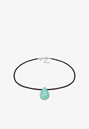 Collier ras du cou avec un cordon noir, présentant un pendentif en pierre en forme de goutte d'eau teal, poli avec une surface lisse. Fermeture en métal argenté.