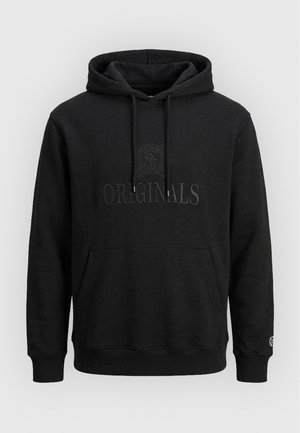 Sweatshirt preta com capuz, bolso frontal, cordões e texto em relevo com a inscrição "ORIGINALS" no peito.