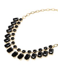 Czarny naszyjnik z kamieniami w kształcie prostokątów i okręgów osadzonych w metalowej oprawie w kolorze złotym, z łańcuszkiem w formie połączonych ogniw.