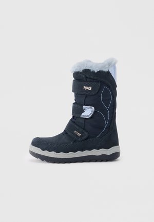 Stivale invernale blu scuro con colletto foderato in pelliccia, dotato di tre cinturini regolabili in velcro, suola testurizzata e accenti in blu chiaro a contrasto.