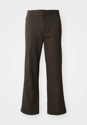 Brown, flared trousers with a smooth texture, featuring a front button closure and pockets on sides. Simple and straight design.