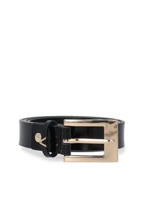 Schwarzer Ledergürtel mit einer polierten goldenen rechteckigen Schnalle und verstellbarem Fit, der eine glatte Textur und ein klassisches, minimalistisches Design aufweist.