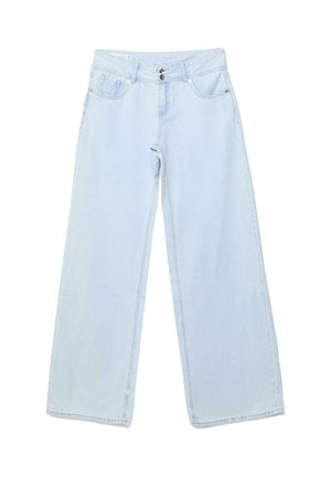 Lyseblå vidde denimjeans med høj talje, forlommer, bæltestropper og dobbelt knaplukning.