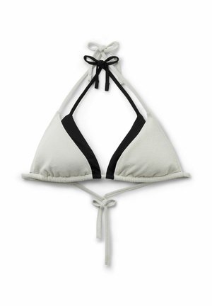 Witte en zwarte bikini top, driehoek ontwerp met textuurstof, verstelbare banden bij de nek en rug, met een geplooide rand aan de onderkant.