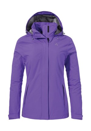 Purple waterproof jacket with a hood, full zip, and two side pockets. Features a smooth texture and adjustable drawstrings on the hood.