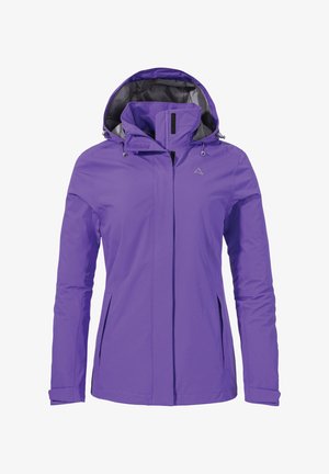 Purple waterproof jacket with a hood, full zip, and two side pockets. Features a smooth texture and adjustable drawstrings on the hood.