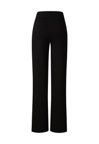 Schwarze Hosen mit weitem Bein aus glattem Stoff, mit einem sauberen, hohen Bund und ohne sichtbare Verschlüsse oder Taschen.