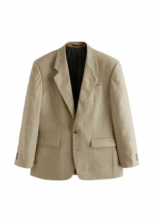 Beige single-breasted men's blazer with notch lapels, two front flap pockets, one chest pocket, and three buttons on each cuff.