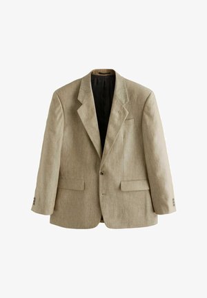 Beige single-breasted men's blazer with notch lapels, two front flap pockets, one chest pocket, and three buttons on each cuff.