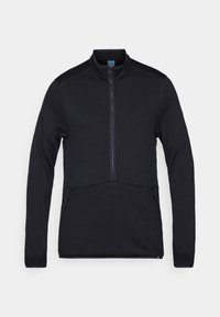 Pullover nero a mezza zip realizzato in tessuto testurizzato, con un corpo leggermente affusolato, tasche laterali con zip e colletto rialzato.