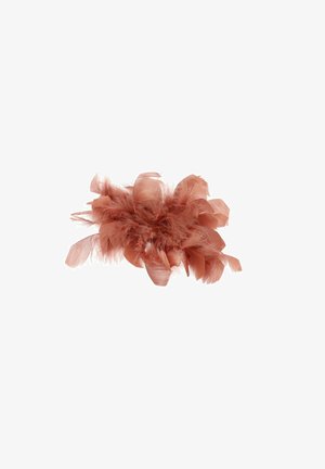 Groupe de plumes douces d'un rose pâle poussiéreux, disposées en un motif dense et duveteux sur un fond blanc.