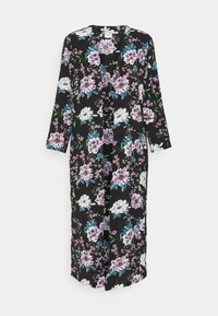 Sort blomsterkimono med løs pasform, prydet med lilla, hvide og grønne blomster, en knælængde design, lange ærmer og uden lukninger.