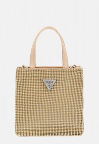 Borsa a tracolla dorata con paillettes, manici beige e logo triangolare argentato. Forma strutturata, texture liscia, dotata di chiusura con cerniera.