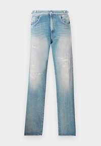 Φωτεινό γαλάζιο τζιν με ίσια γραμμή, με φθαρμένες λεπτομέρειες και ξεθώριασμα. Σχέδιο με πέντε τσέπες και μεταλλικές λεπτομέρειες.