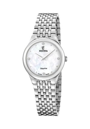 Sølv Festina armbåndsur med perlemorsskive, krystal time markører, to visere og en metalledsarmbånd.
