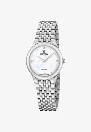 Sølv Festina armbåndsur med perlemorsskive, krystal time markører, to visere og en metalledsarmbånd.