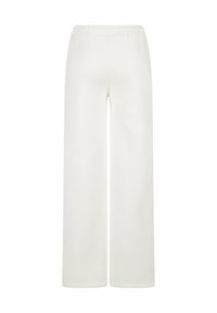 Pantaloni a gamba larga in bianco, realizzati in tessuto morbido. Presentano una vita elastica e dettagli di cucitura puliti. Senza tasche o decorazioni.
