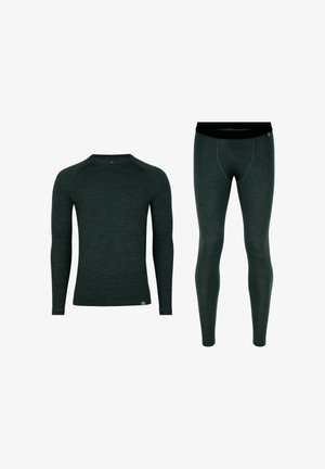Schwarzes thermisches Langarmoberteil mit Rundhalsausschnitt und passenden schwarzen Leggings, beide aus einem weichen, strukturierten Material gefertigt.