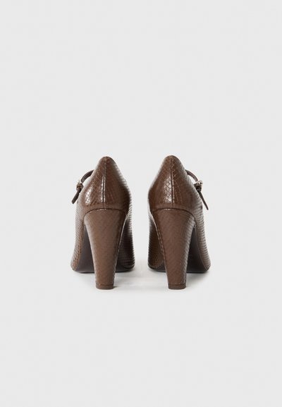 Smeđe cipele s visokim potpeticama izrađene od teksturirane kože, s šiljastim vrhom i debelom petom. Pogled s leđa prikazuje jednu narukvicu oko gležnja i glatku završnu obradu.