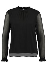Blouse noire à manches longues avec un col montant à volants. Manches transparentes et corps opaque, avec un subtil accent gris à l'ourlet. Tissu texturé.