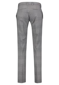 Šedé vzorované kalhoty s úzkým střihem, s plochým předním dílem, poutky na opasek, dvěma zadními kapsami a hladkou strukturou.