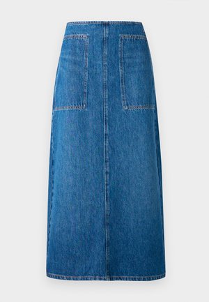 Denim rok in donkerblauw met een rechte snit, voorzien van twee achterzakken en zichtbare stiksels langs de zoom en de randen van de zakken.